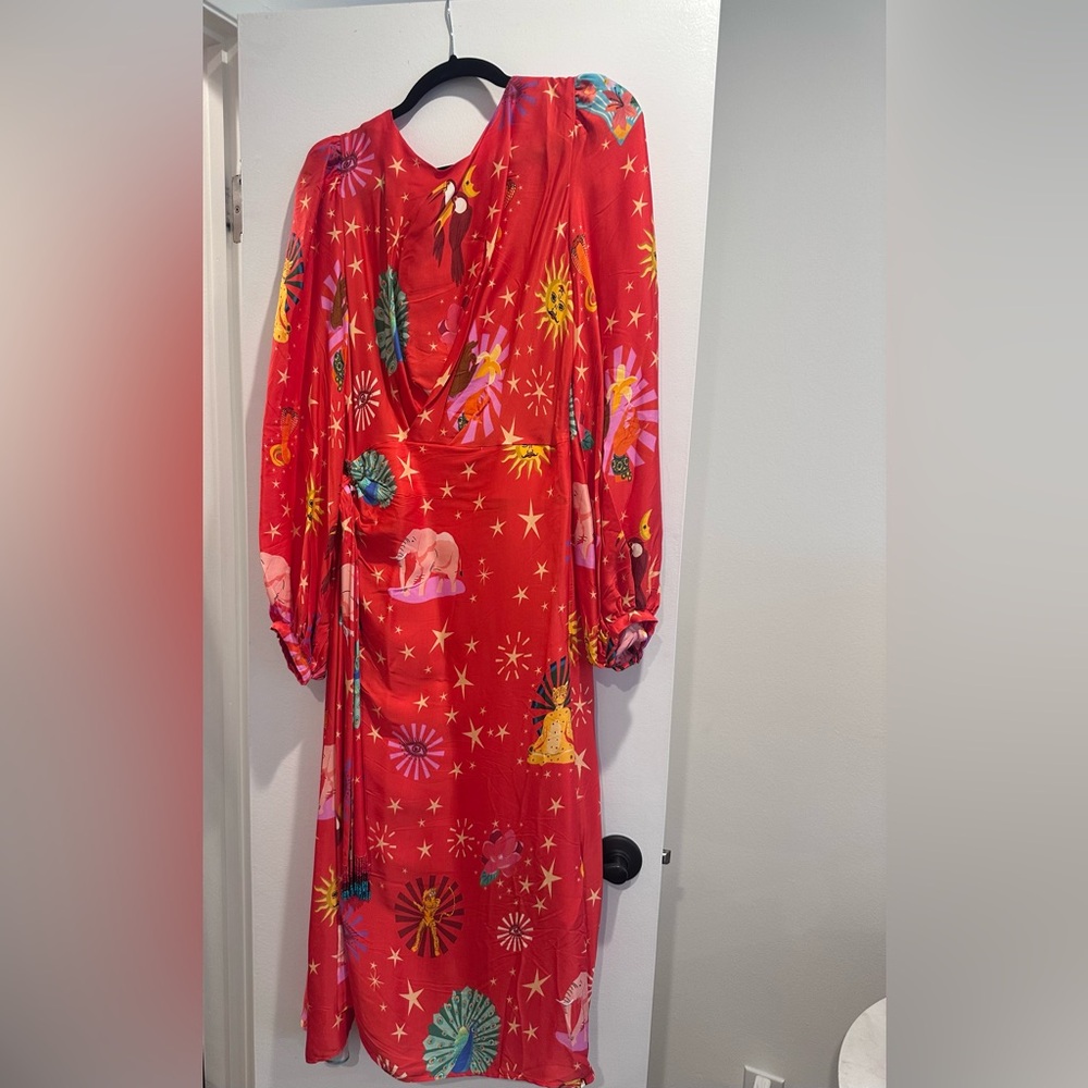 FARM Rio Vibrant Red Dress with Bird and Star Motifs